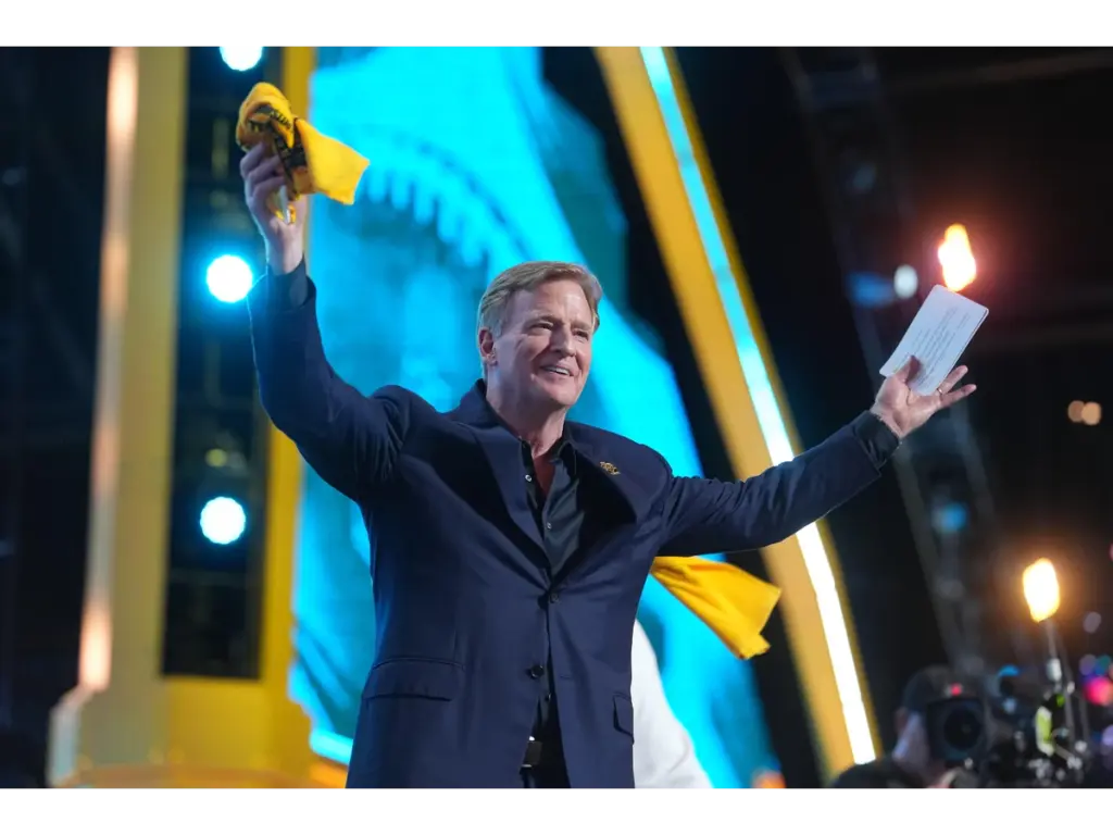 Apr 23, 2026; Pittsburgh, PA, USA; NFL commissioner Roger Goodell holds a Terrible Towel during the 2026 NFL Draft at Acrisure Stadium. Mandatory Credit: Kirby Lee-Imagn Images