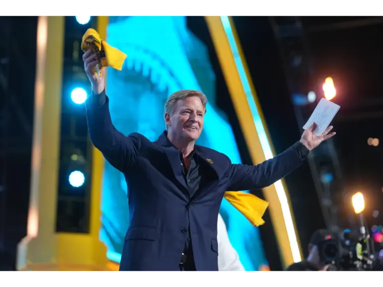 Apr 23, 2026; Pittsburgh, PA, USA; NFL commissioner Roger Goodell holds a Terrible Towel during the 2026 NFL Draft at Acrisure Stadium. Mandatory Credit: Kirby Lee-Imagn Images