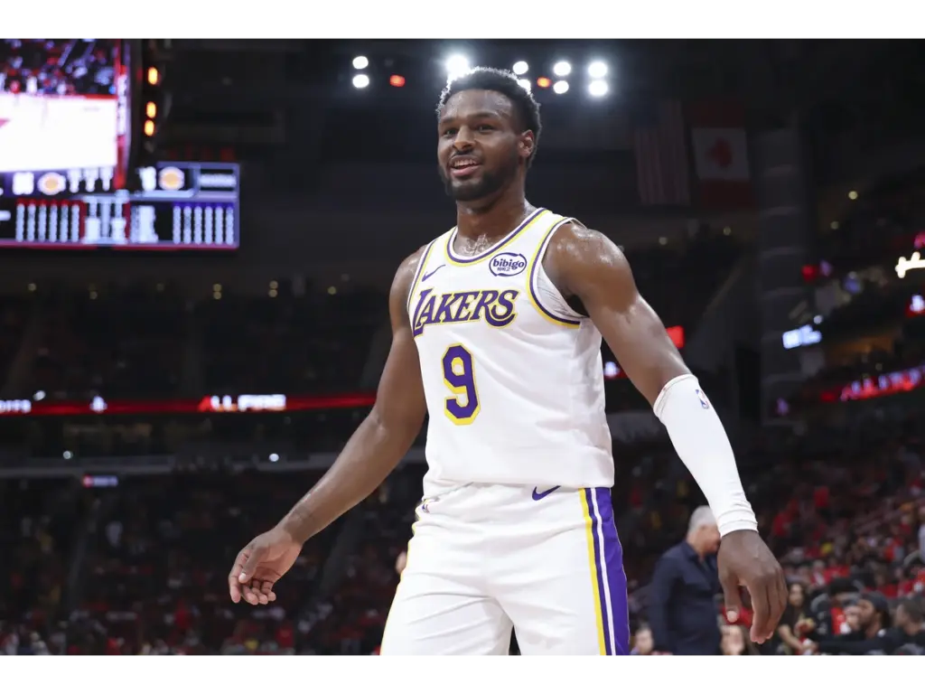 Apr 26, 2026; Houston, Texas, USA; Los Angeles Lakers guard Bronny James (9) reacts after a play during the fourth quarter against the Houston Rockets during game four of the first round of the 2026 NBA Playoffs at Toyota Center. Mandatory Credit: Troy Taormina-Imagn Images