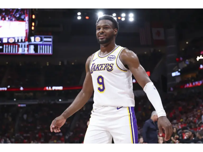 Apr 26, 2026; Houston, Texas, USA; Los Angeles Lakers guard Bronny James (9) reacts after a play during the fourth quarter against the Houston Rockets during game four of the first round of the 2026 NBA Playoffs at Toyota Center. Mandatory Credit: Troy Taormina-Imagn Images