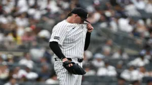 Jul 5, 2026; Bronx, New York, USA; New York Yankees pitcher Ryan Weathers (40) reacts during the fourth inning against the Minnesota Twins at Yankee Stadium.