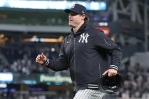 May 3, 2024; Bronx, New York, USA; New York Yankees pitcher Garrit Cole (45) runs off the field after the game against the Detroit Tigers at Yankee Stadium.