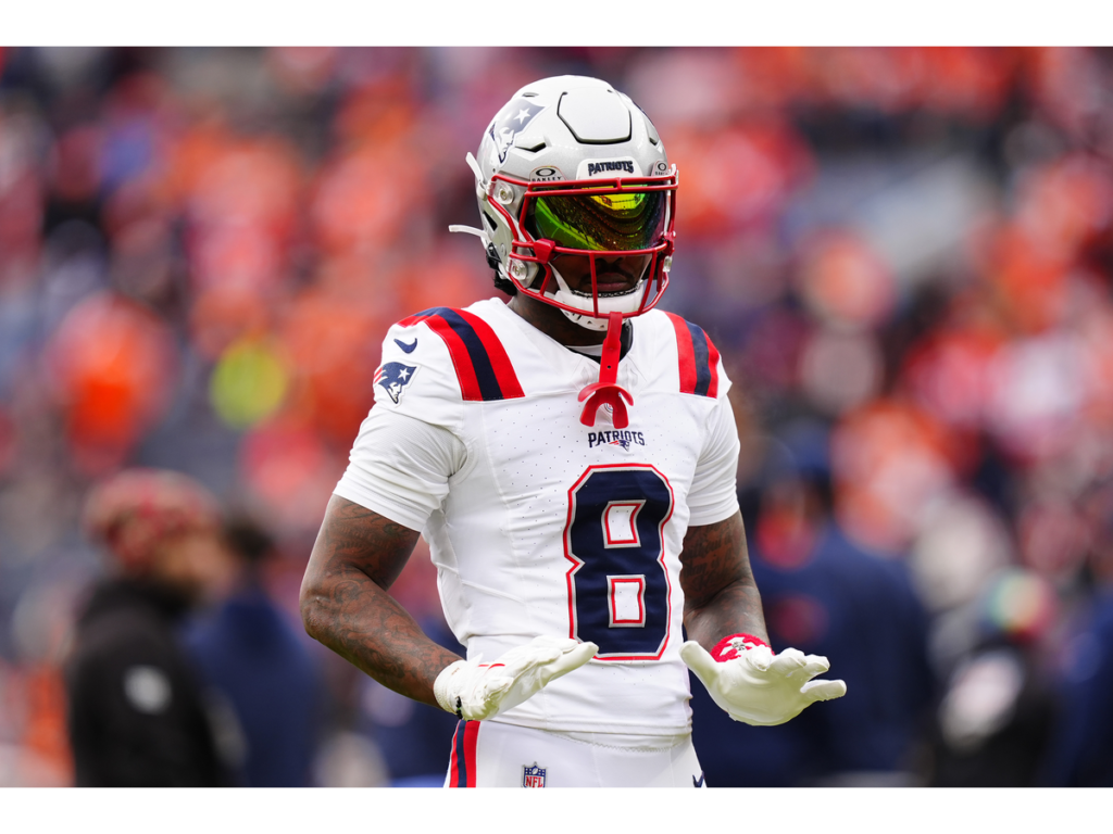 Jan 25, 2026; Denver, CO, USA; New England Patriots wide receiver Stefon Diggs (8) practices before the 2026 AFC Championship Game at Empower Field at Mile High. Mandatory Credit: Ron Chenoy-Imagn Images