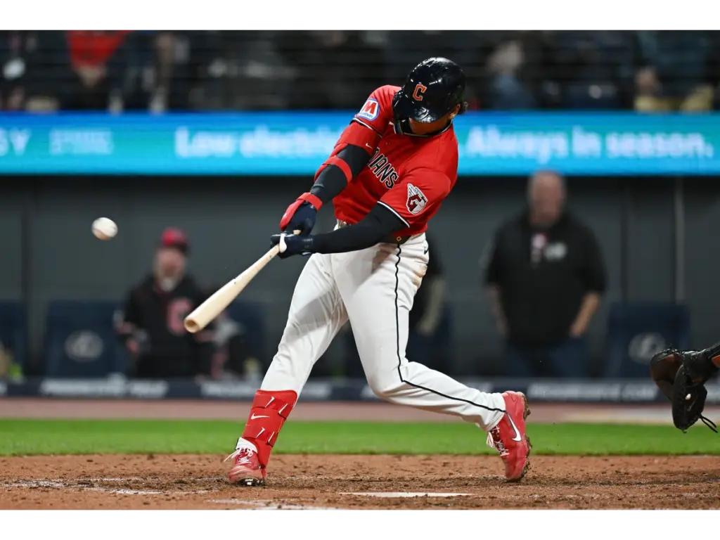 Apr 18, 2026; Cleveland, Ohio, USA; Cleveland Guardians catcher Bo Naylor (23) hits a home run during the eighth inning against the Baltimore Orioles at Progressive Field. Mandatory Credit: Ken Blaze-Imagn Images