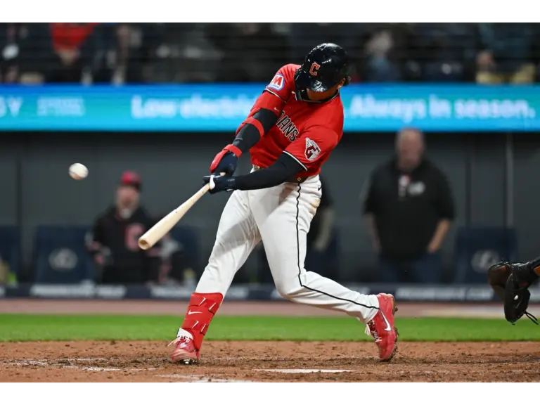 Apr 18, 2026; Cleveland, Ohio, USA; Cleveland Guardians catcher Bo Naylor (23) hits a home run during the eighth inning against the Baltimore Orioles at Progressive Field. Mandatory Credit: Ken Blaze-Imagn Images Guardians vs. White Sox