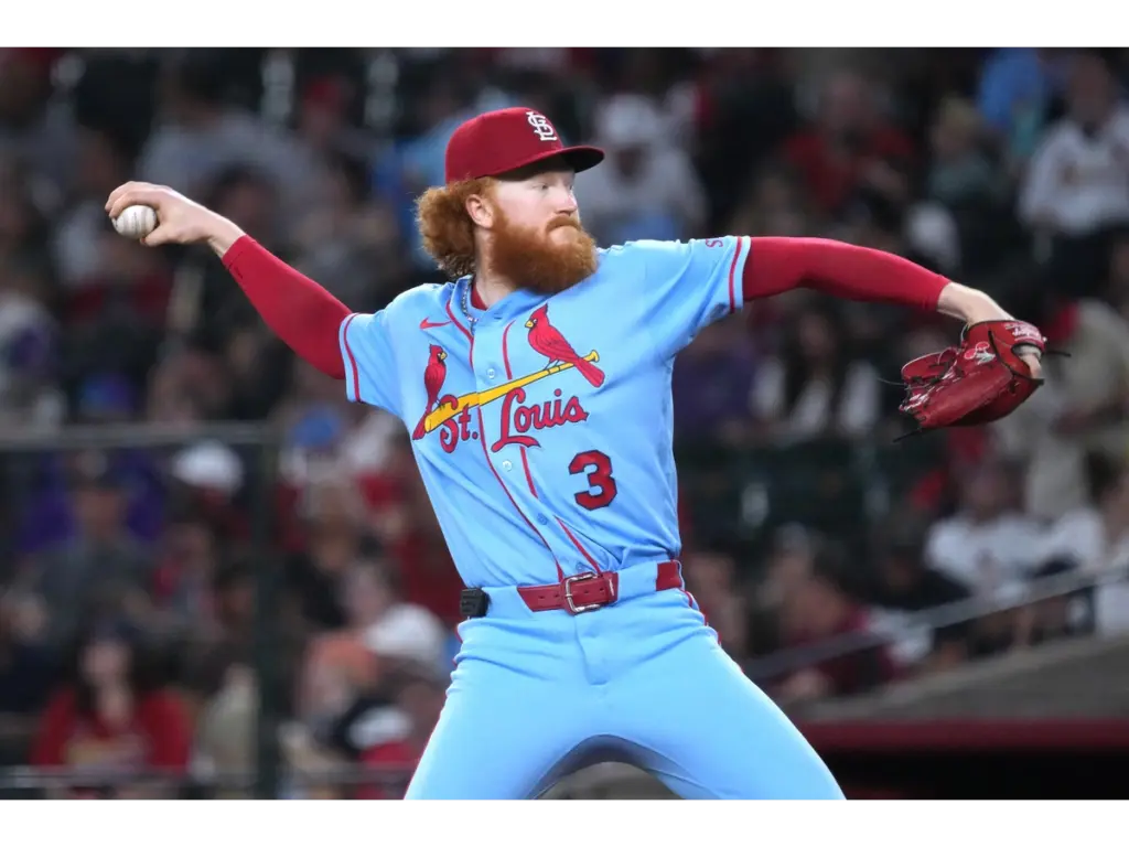 Jul 18, 2026; Phoenix, Arizona, USA; St. Louis Cardinals pitcher Dustin May (3) throws against the Arizona Diamondbacks in the first inning at Chase Field. Mandatory Credit: Rick Scuteri-Imagn Images