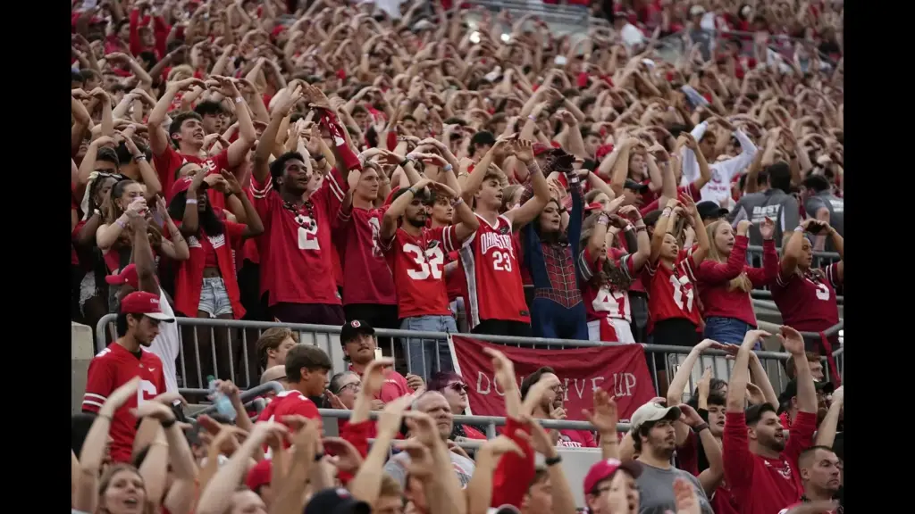 Ohio State Buckeyes fans and students cheer during the NCAA football game against the Ohio Bobcats at Ohio Stadium on Sept. 13, 2025. Ohio State won 37-9.