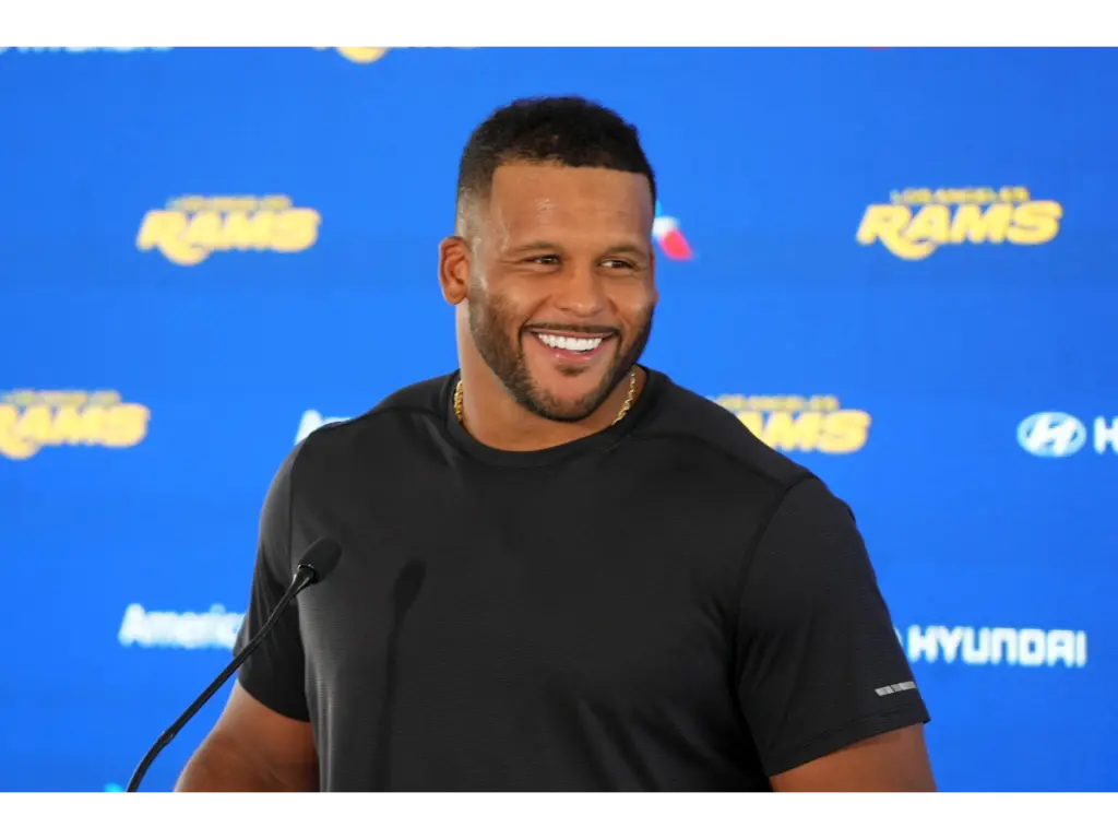 Aug 30, 2026; Woodland Hills, CA, USA; Los Angeles Rams defensive end Aaron Donald at press conference at the Rams Practice Facility. Mandatory Credit: Kirby Lee-Imagn Images
