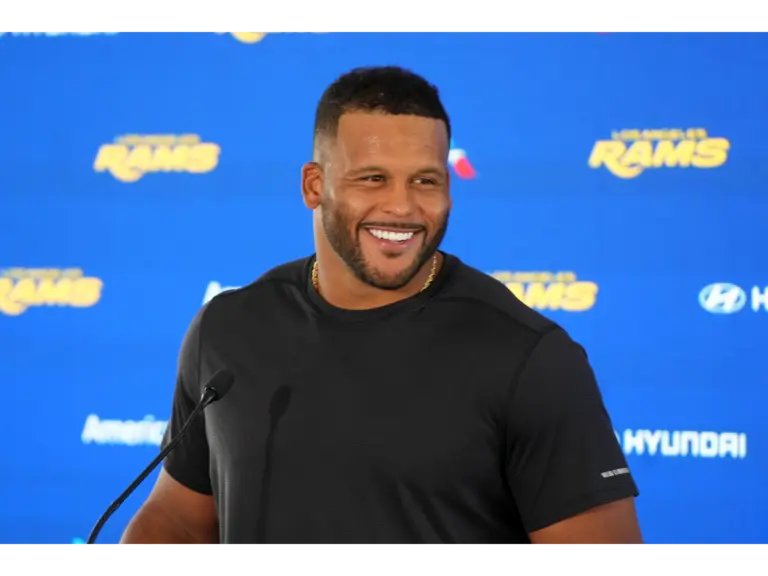 Aaron Donald injury: Rams defensive end Aaron Donald at a press conference