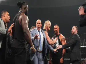 Oba Femi and Bron Breaker faceoff in the ring on Monday Night Raw.