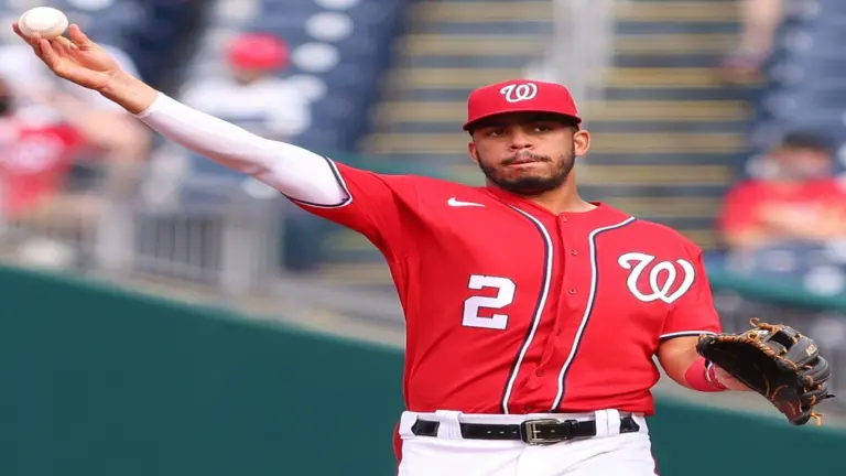 Luis Garcia, the new Yankees Player, throws it around the horn after a Stephen Strasburg strikeout from the Washington Nationals vs. Atlanta Braves at Nationals Park