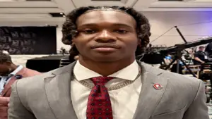 Jeremiah Smith, wide receiver for the Ohio State Buckeyes, at 2025 Big Ten Football Media Days prior to the 2025 regular season at the Mandalay Bay on the Las Vegas Strip.