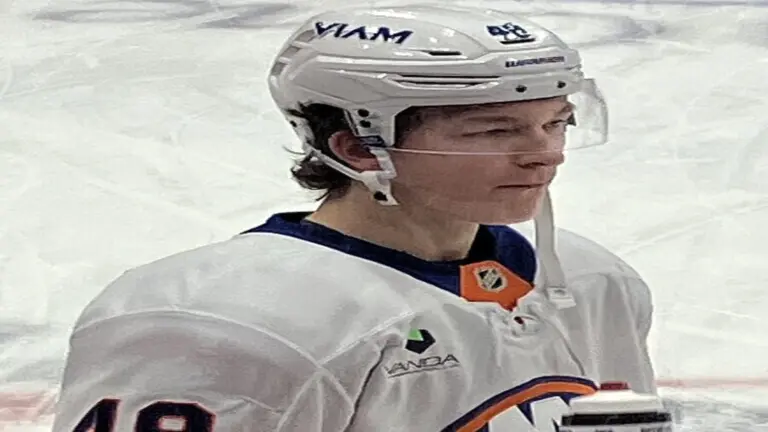 New York Islanders defenseman Matthew Schaefer during warmups prior to a game against the Washington Capitals on February 2, 2026.