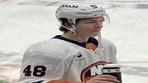New York Islanders defenseman Matthew Schaefer during warmups prior to a game against the Washington Capitals on February 2, 2026.