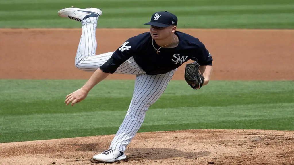 Clarke Schmidt pitching. Scranton Wilkes-Barre Rail Riders (New York Yankees Triple-A affiliate) hosting the Louisville Bats (Cincinnati Reds). July 17, 2022.