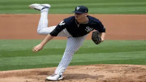 Clarke Schmidt pitching. Scranton Wilkes-Barre Rail Riders (New York Yankees Triple-A affiliate) hosting the Louisville Bats (Cincinnati Reds). July 17, 2022.