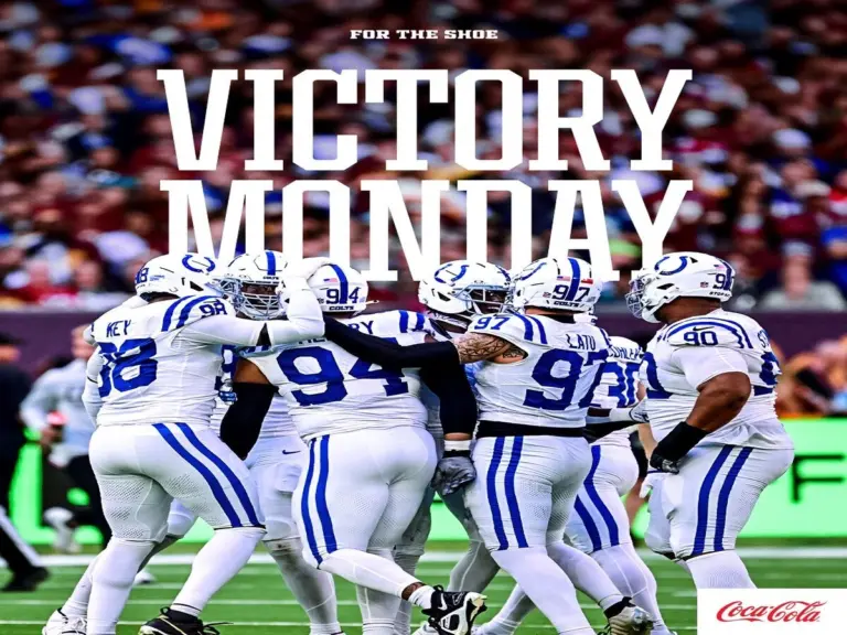 Colts celebrate win against Commanders in London.
