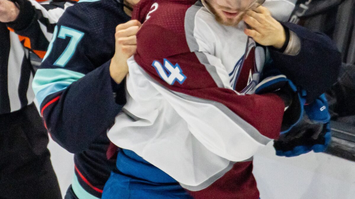 Bowen Byram out for Blackhawks in Buffalo: file photo of Byram with Yanni Gourde