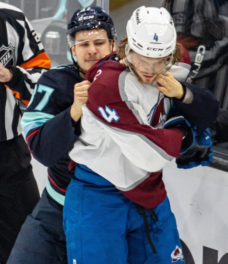 Bowen Byram out for Blackhawks in Buffalo: file photo of Byram with Yanni Gourde