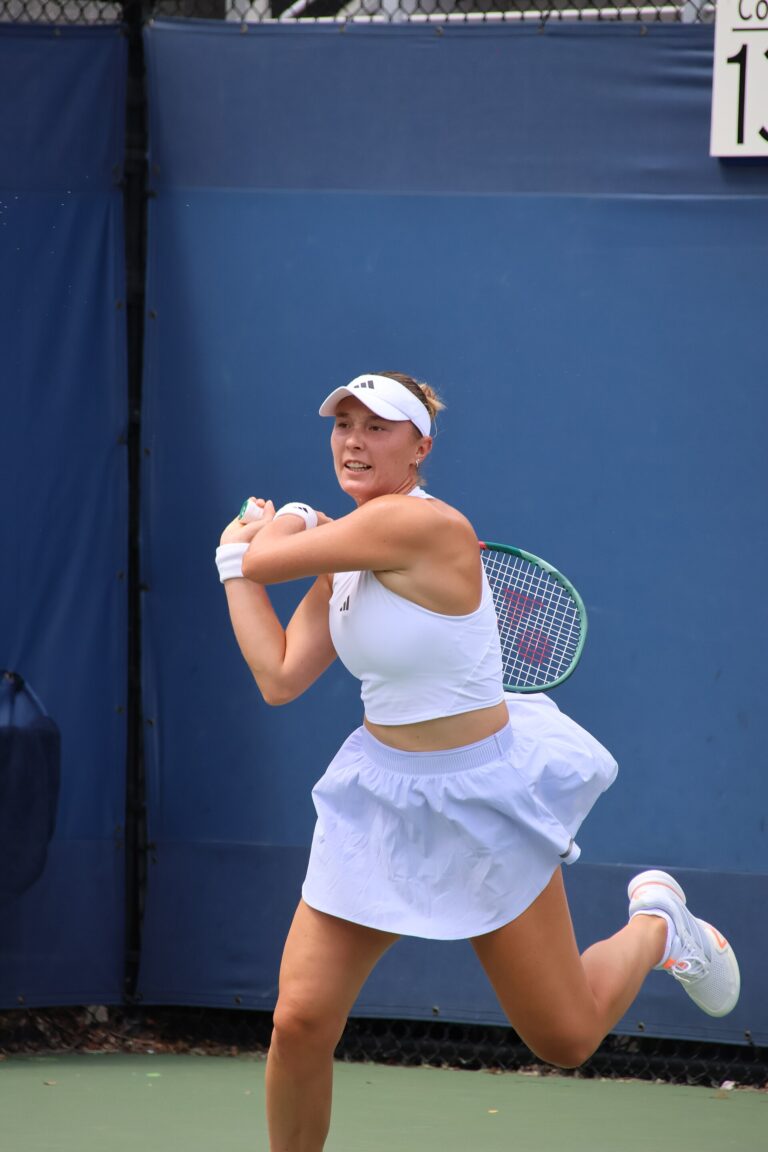 Alina Charaeva hitting a forehand at the 2026 US Open