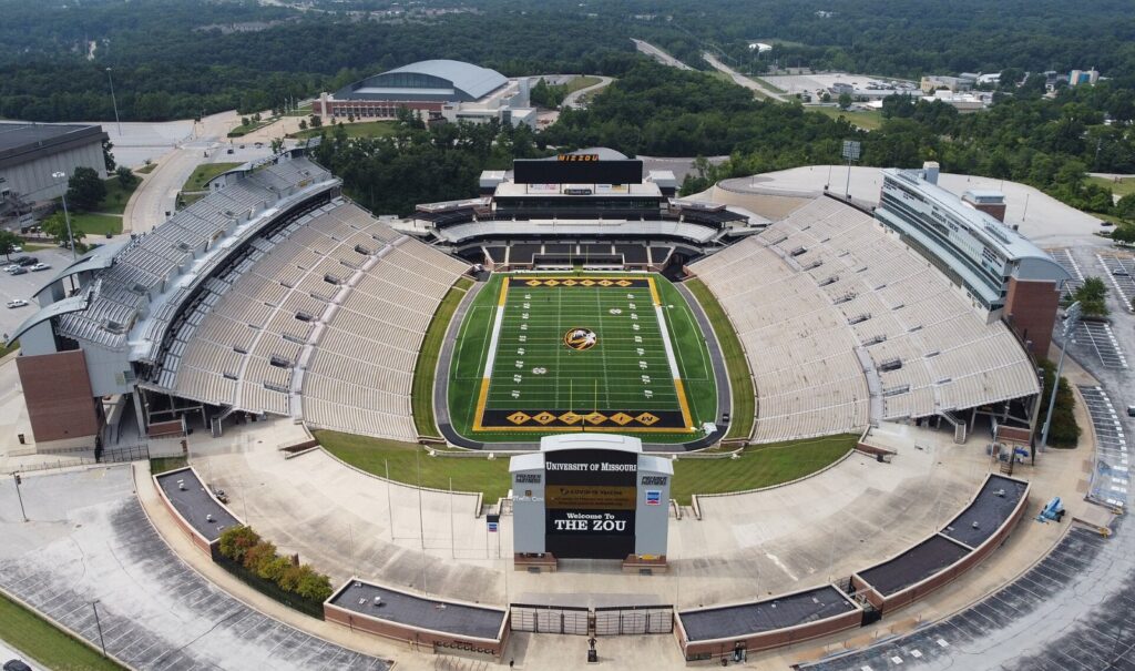 Florida vs. Missouri will be played at Memorial Stadium, Faurot Field, in Columbia, shown in a 2021 aerial view