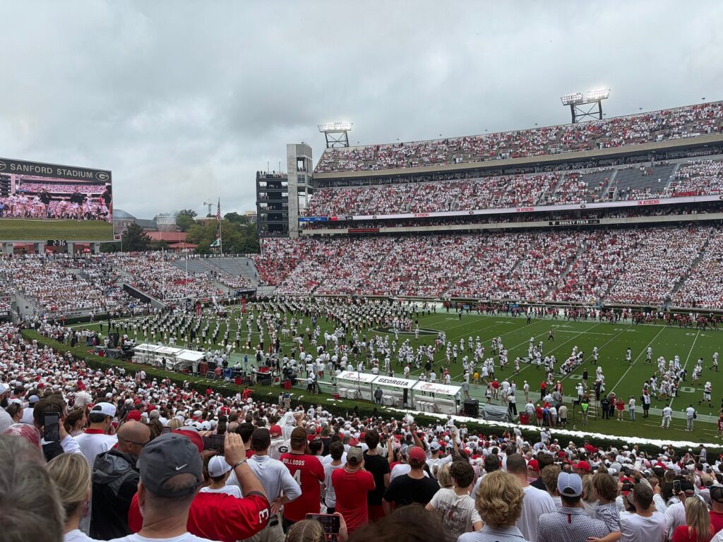 Georgia beats Oklahoma at Sanford Stadium, shown here packed with fans for a September 2026 whiteout game in Athens