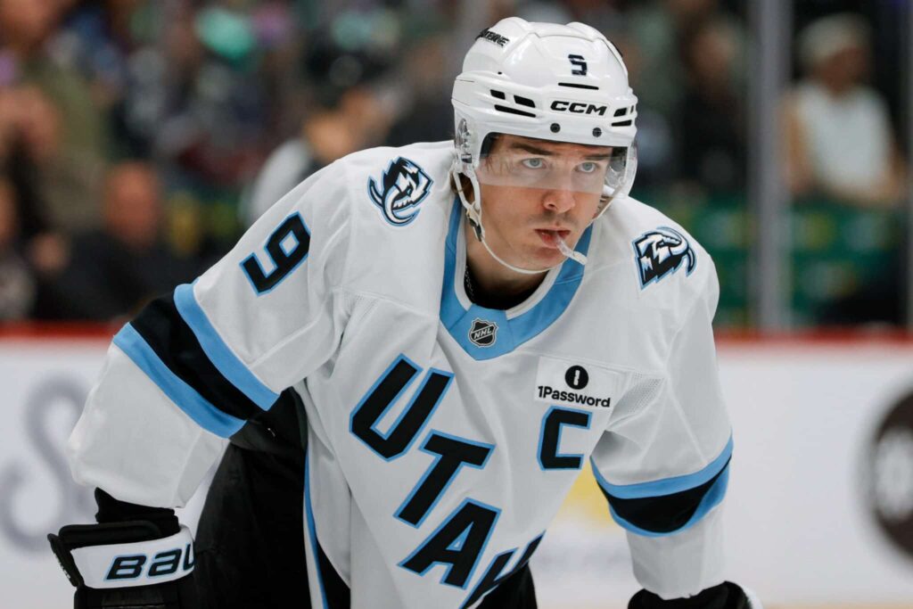Mammoth vs. Blue Jackets: Utah forward Clayton Keller skates during a game at Ball Arena
