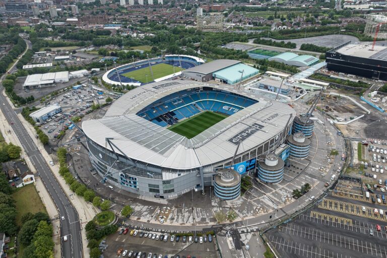 Manchester City sanctions: Aerial view of the Etihad Stadium, home of Manchester City, Etihad Airways