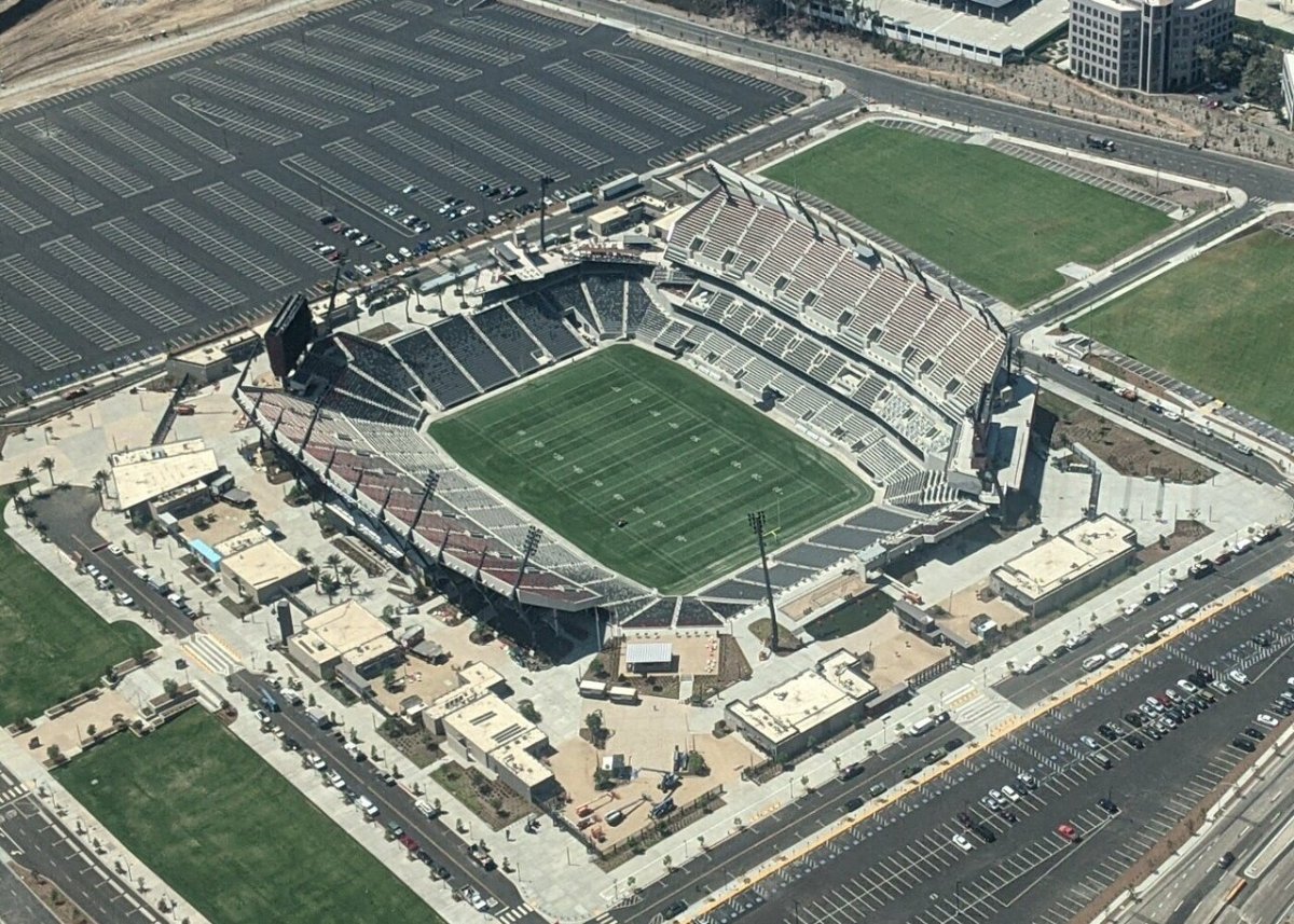 Aerial view of Snapdragon Stadium in San Diego, where the Aztecs host Texas State amid the San Diego State mumps outbreak