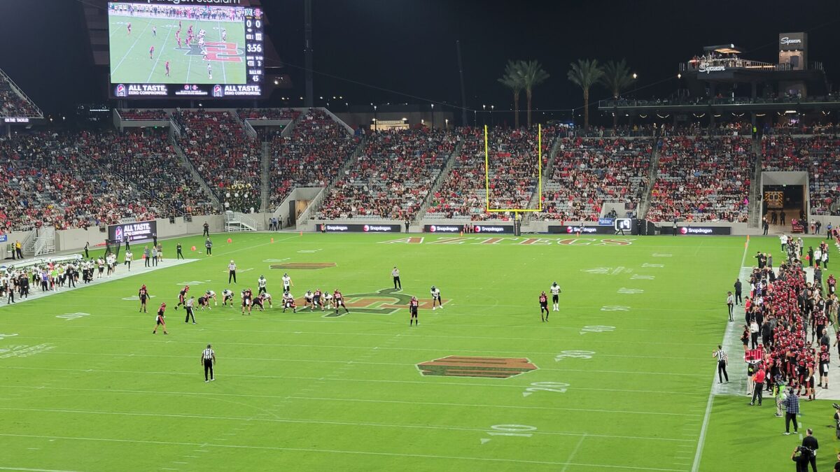 Bobcats vs Aztecs game at Snapdragon Stadium in San Diego at night