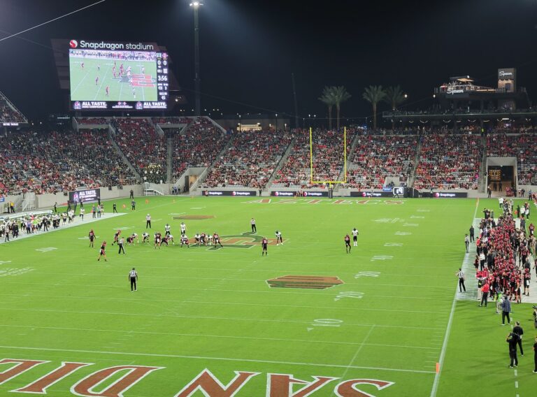 Bobcats vs Aztecs game at Snapdragon Stadium in San Diego at night