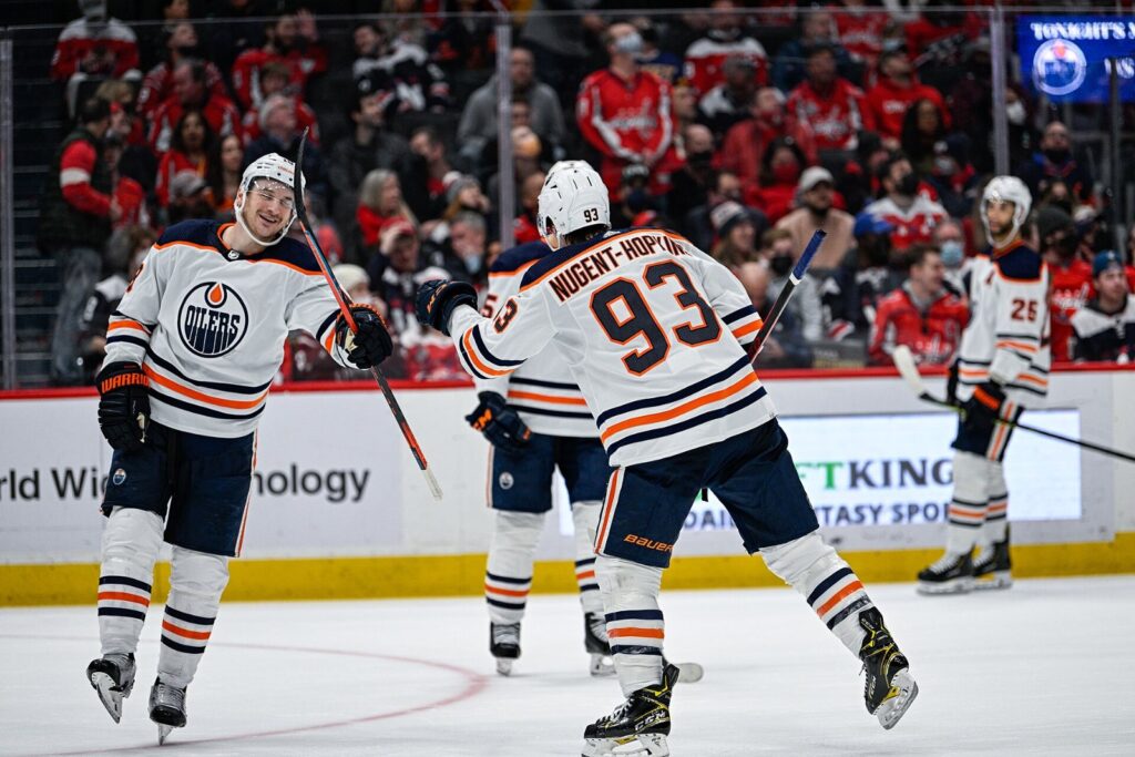 Oilers forwards Zach Hyman and Ryan Nugent-Hopkins in Washington in 2022; the Zach Hyman injury comes days after Nugent-Hopkins went on injured reserve